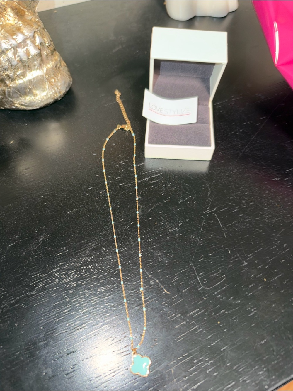 Gold Chain Necklace with Turquoise Clover Pendant - Lovesyluz